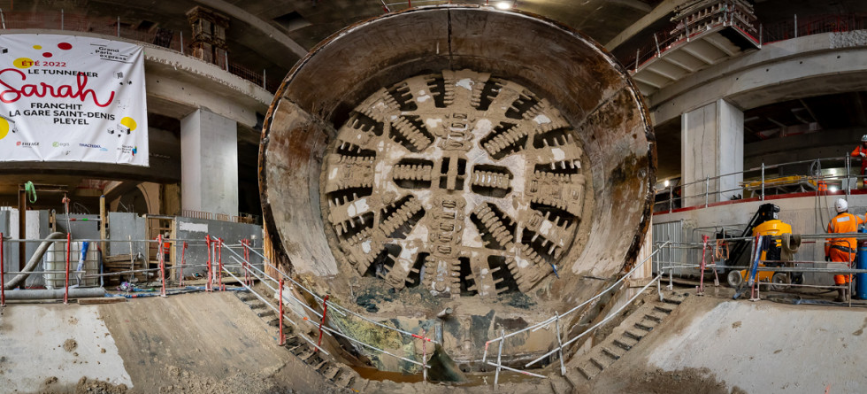 Le tunnelier Sarah pendant le démontage de la cloche et avant le démarrage de son ripage en septembre 2022