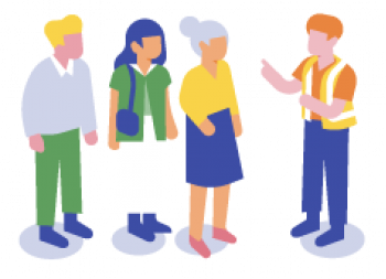 illustration d'un groupe d'adultes parlant avec un agent de proximité de la Société du Grand Paris